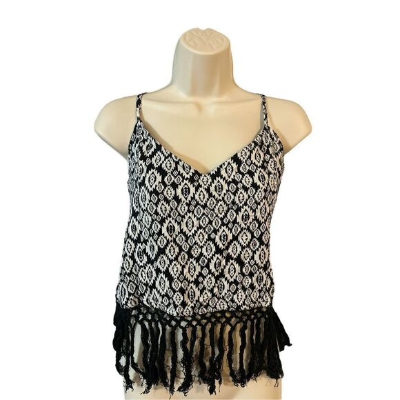 Tribal Boho Fringed Crop Top Black White Size L - Picture 2 of 6